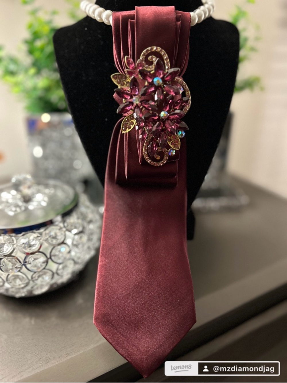 Burgundy Satin Statement Brooch Tie